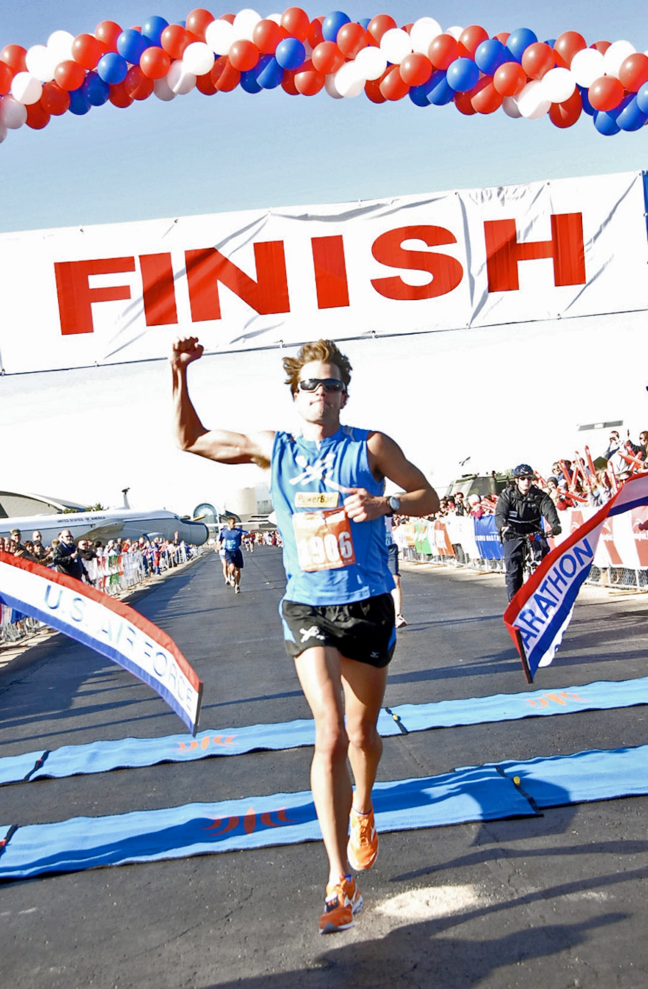 Josh Cox of Mammoth Lakes, Calif., takes the first place finish in the U.S. Air Force Marathon Sept. 15 at Wright-Patterson Air Force Base, Ohio. He set a new record for the marathon with a time of 2:20:57. (U.S. Air Force photo/Christy Webb)