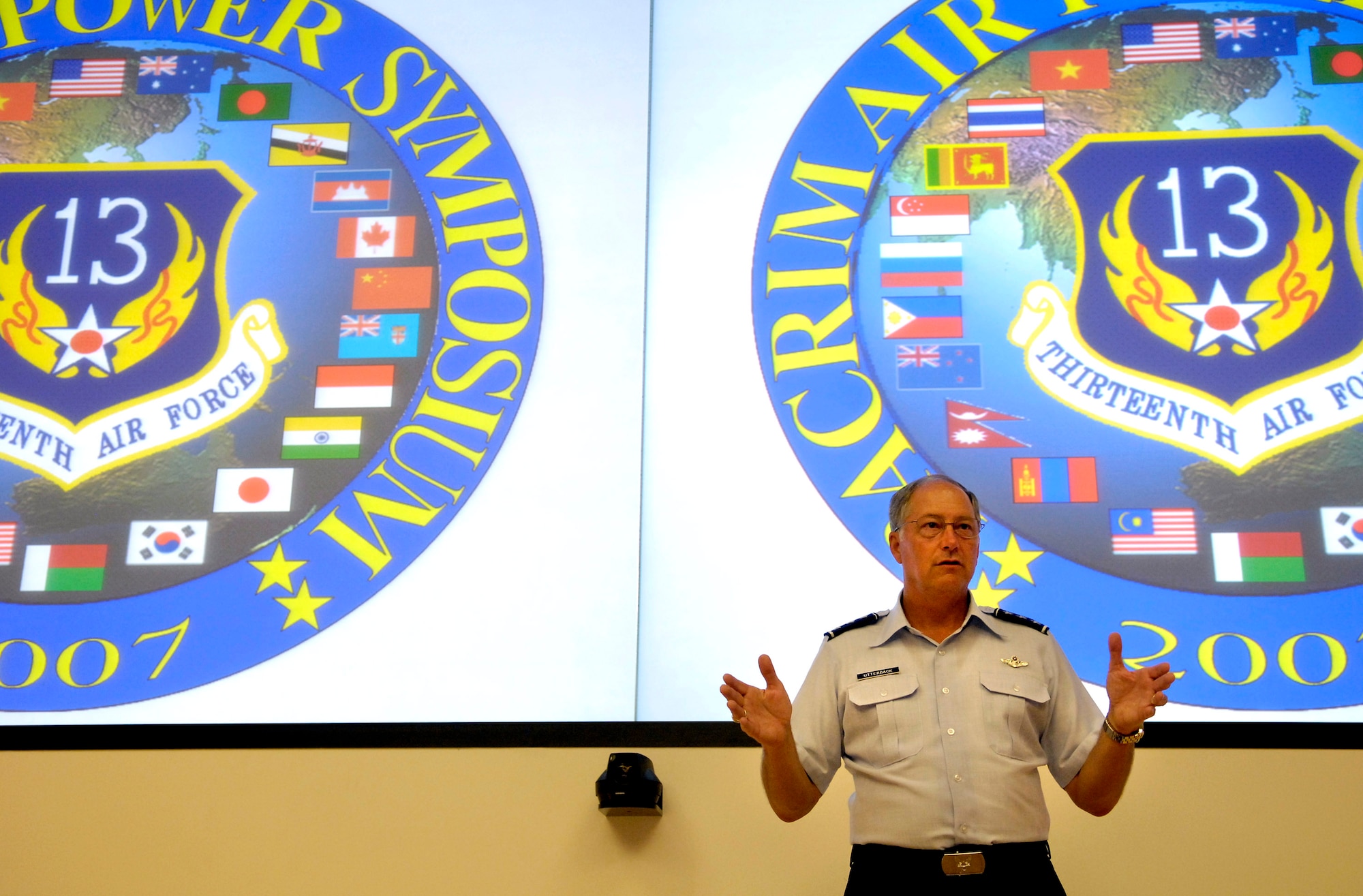 Lt. Gen. Loyd S. "Chip" Utterback gives opening comments Sept. 18 to members at the Pacific Rim Airpower Symposium held at the Aloha Conference Center on Hickam Air Force Base, Hawaii. The PACRIM Symposium provides an ideal forum to communicate the value of U.S. engagement with nations of the Asia-Pacific region and our commitment to the region's internal, local and national audiences. General Utterback is the 13th Air Force commander. (U.S. Air Force photo/Tech. Sgt. Shane A. Cuomo) 