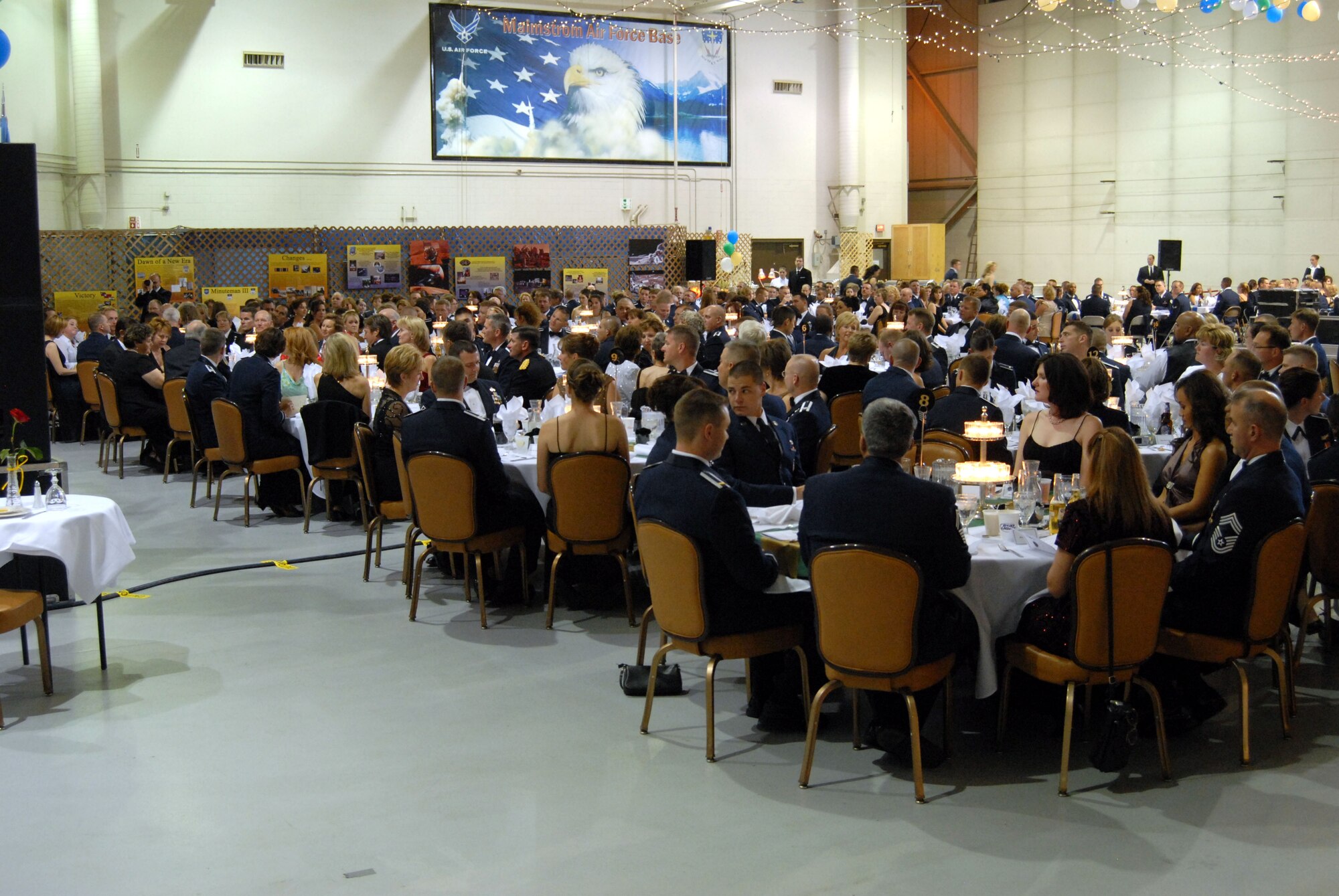 More than 700 Team Malmstrom members gathered in the 3-Bay Hangar Sept. 15 to celebrate the "Heritage to Horizons" 60th Anniversary Air Force Ball. (U.S. Air Force photo/John Turner)