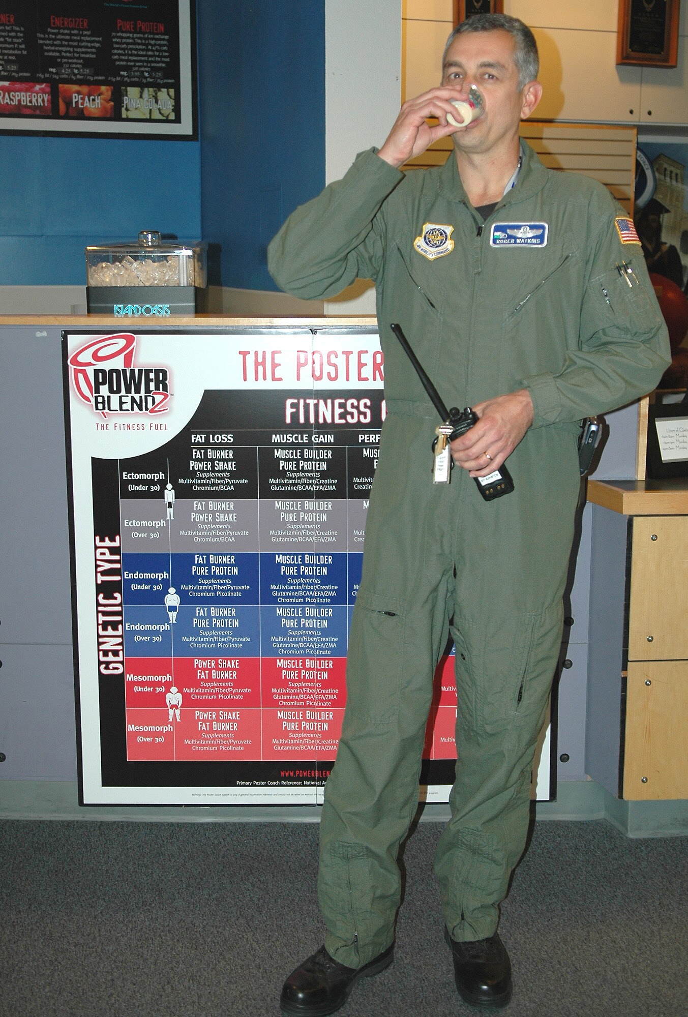 FAIRCHILD AIR FORCE BASE, Wash. – During the grand opening of the Hydration Station juice bar at the fitness center Col. Roger Watkins, 92nd Air Refueling Wing vice commander, tests a sample of one flavor of smoothie. Flavors include strawberry, wildberry, mango, banana, raspberry, peach, piña colada and more. (U.S. Air Force photo / Airman 1st Class Kali L. Gradishar)