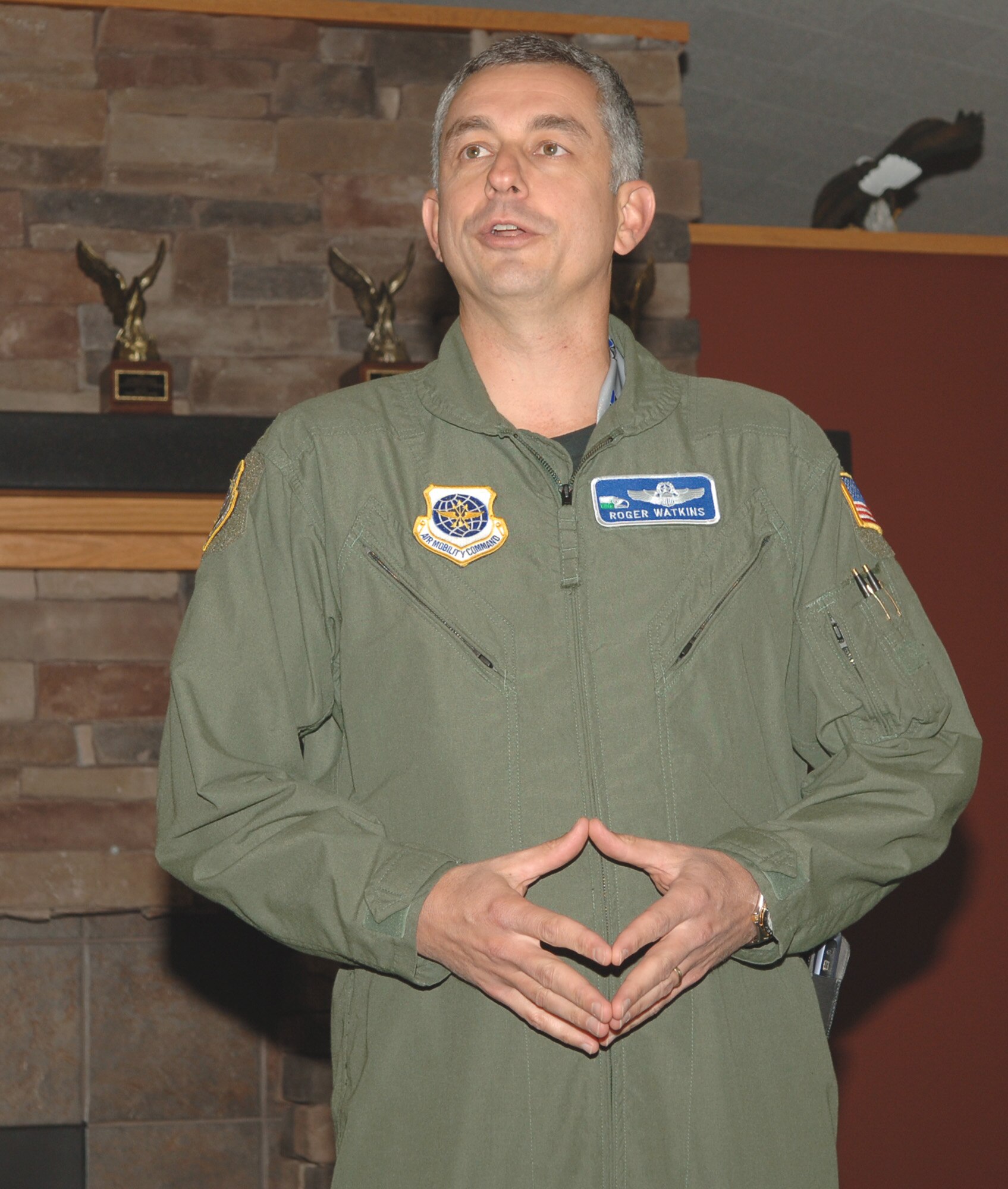 FAIRCHILD AIR FORCE BASE, Wash. -- Col. Roger Watkins, 92nd Air Refueling Wing vice commander, addresses the crowd at the Warrior Dining Facility’s 60th Anniversary of the Air Force celebration Sept. 18. (U.S. Air Force photo / Jocelyn Ford)