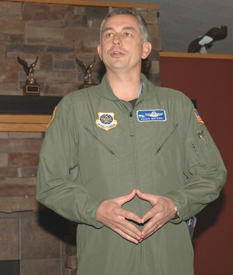 AIRCHILD AIR FORCE BASE, Wash. -- Col. Roger Watkins, 92nd Air Refueling Wing vice commander, addresses the crowd at the Warrior Dining Facility’s 60th Anniversary of the Air Force celebration Sept. 18. (U.S. Air Force photo / Airman 1st Class Jocelyn Ford) 
