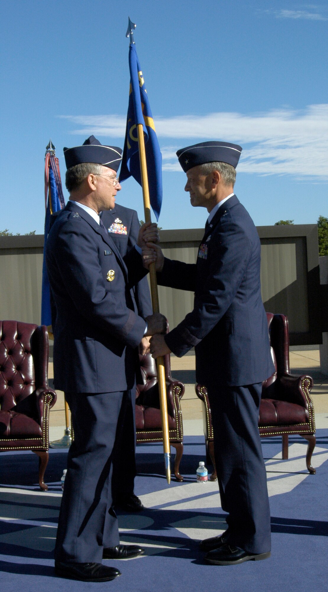 Brig. Gen. Eric W. Crabtree takes the guidon from Lt. Gen. John Bradley, commander of Air Force Reserve Command, at a change of command ceremony Sept. 20. General Crabtree was previously the 446th Wing commander at McChord Air Force Base, Wash.                                