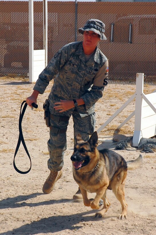 Staff Sgt. Laura Felts releases her partner, Bert, to attack a decoy during aggression training Sept 19 at a deployed location in Southwest Asia. Sergeant Felts is a 386th Expeditionary Security Forces Squadron military working dog handler, and Bert is a 386th ESFS military working dog. The military working dogs are trained several times a week to keep their skills sharp. (U.S. Air Force photo/Staff Sgt. Tia Schroeder) 
