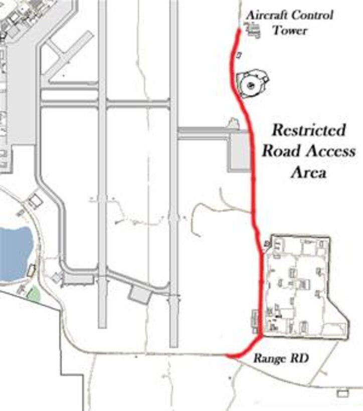 North Perimeter Road is now off limits to non-essential personnel from the control tower to Range Road due to explosive safety requirements.  (U.S. Force illustration by Airman 1st Class Sara Hagood)