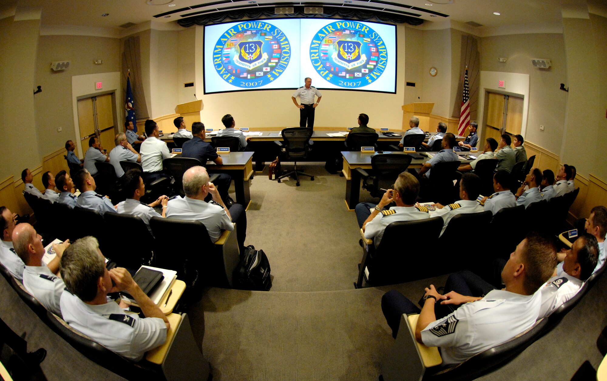 Lt. Gen. Chip Utterback, 13th Air Force commander gives opening comments to members of the Pacific Rim Airpower Symposium Sept. 18, at the Aloha Conference Center at Hickam Air Force Base, Hawaii. The PACRIM Symposium provides an ideal forum to communicate the value of U.S. engagement with nations of the Asia-Pacific region and our commitment to the region to internal, local, national and regional audiences. (U.S. Air Force photo/Tech. Sgt. Shane A. Cuomo)

