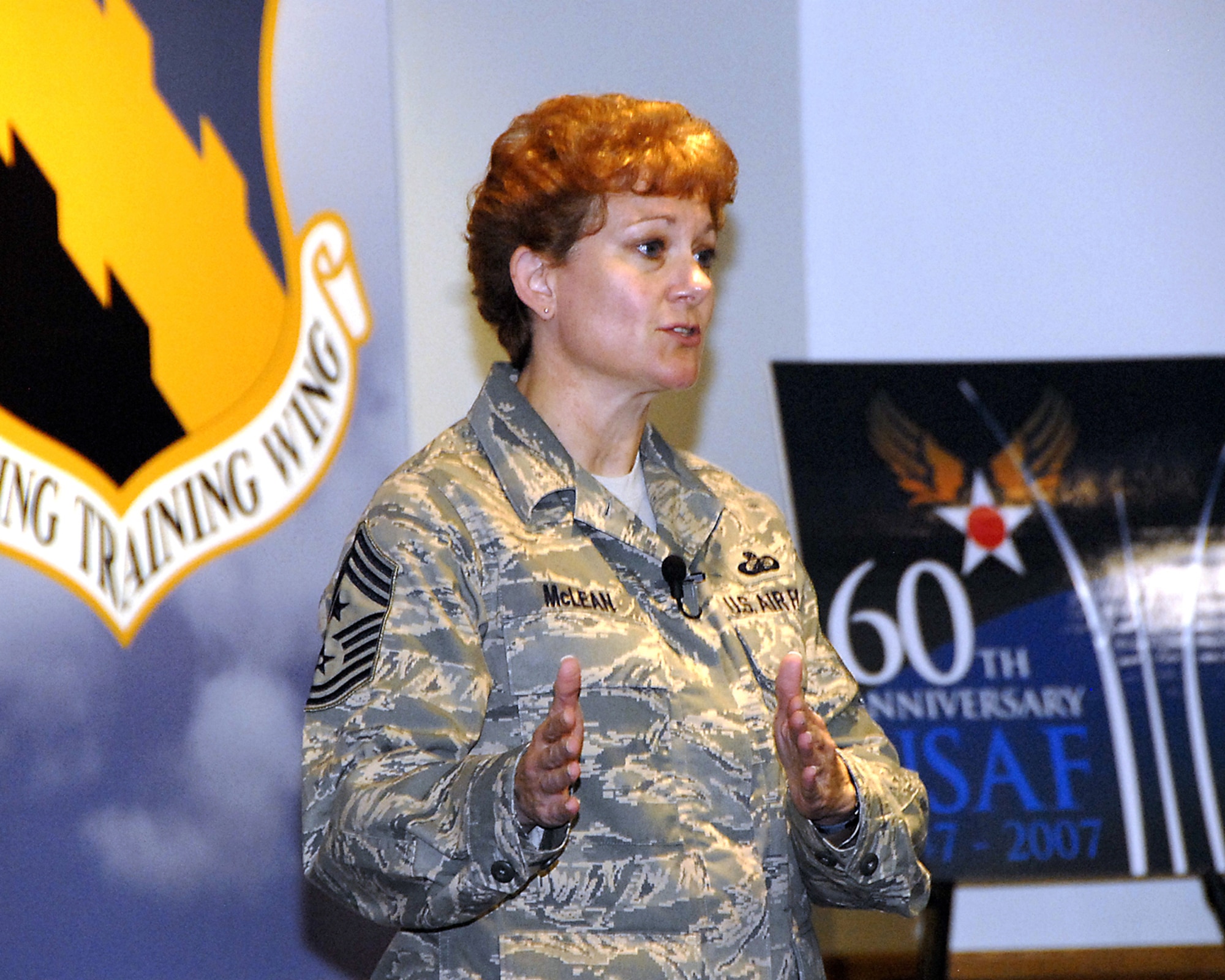 Chief Master Sgt. Jeannie McLean, command chief of the 82nd Training Wing, speaks on the changes to - and her expectations for - the new EPRs, OPRs and feedbacks at the Lunch 'n Learn at the Sheppard Club Sept. 19. (U.S. Air Force photo/Harry Tonemah)