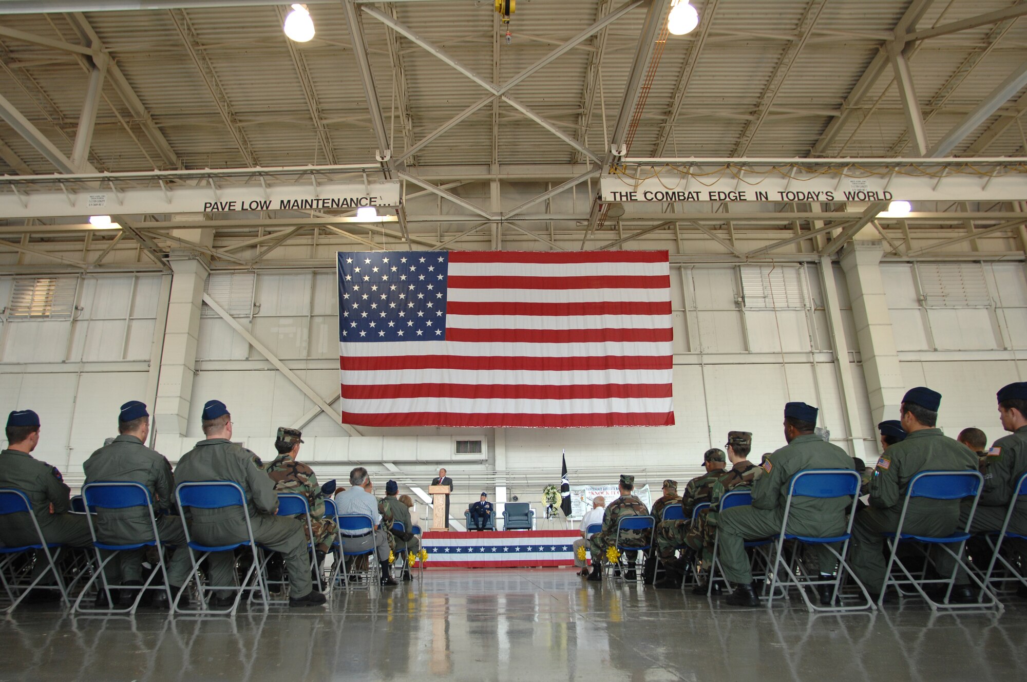 Hurlburt Field Airman gathered in the Freedom Hangar, Sept. 14 for a Prisoner of War/Missing in Action ceremony to honor Americans who have been taken prisoner during times of war and remember those who are still missing in action. 
