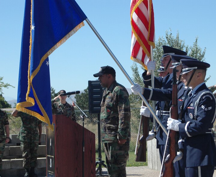 Staff Sgt. DeAndrae Boyd from the 421st Aircraft Maintenance Unit sings the National Anthem during the POW/MIA Recognition Day at the Missile Park near the West Gate Sept. 21. 