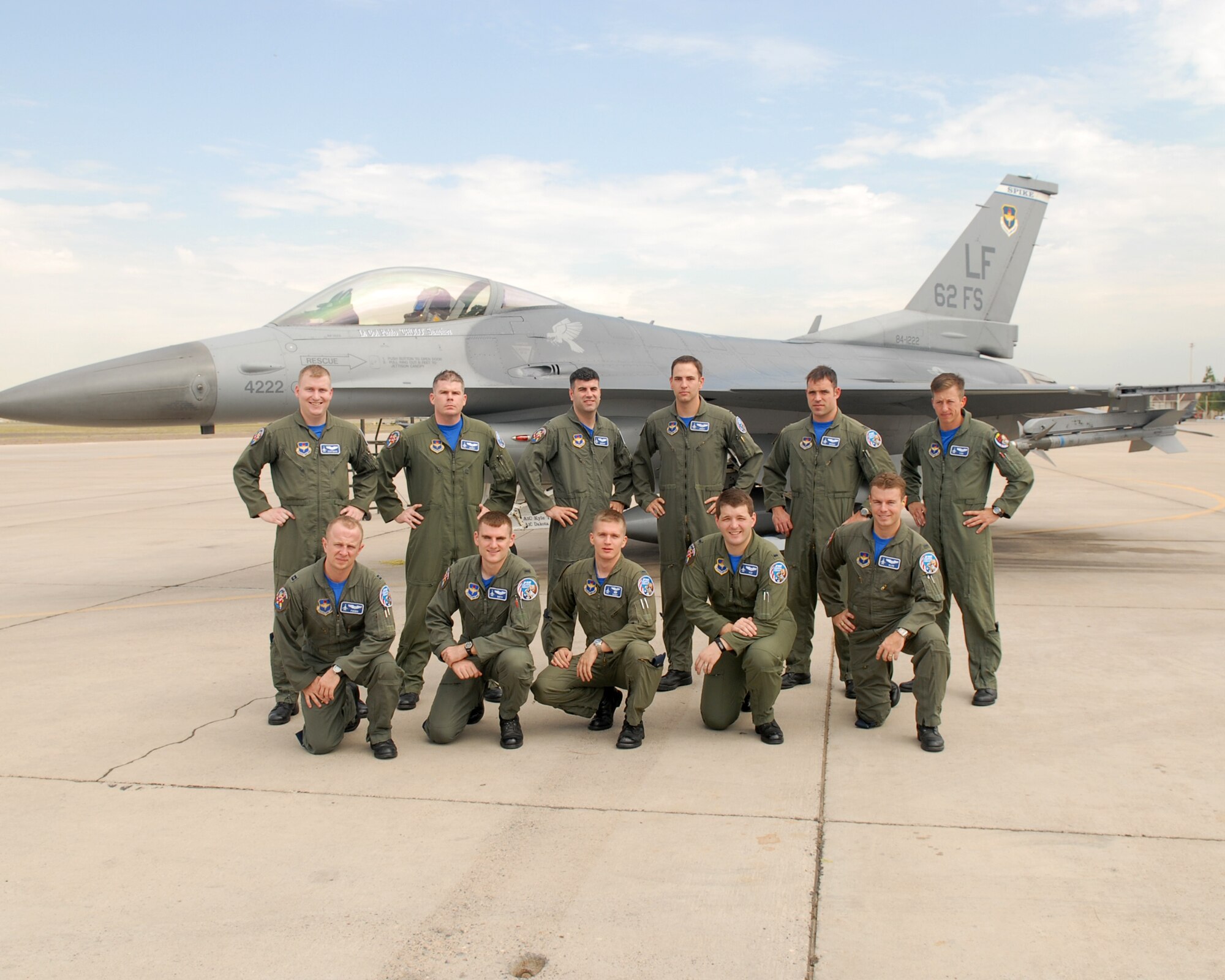 The 62nd Fighter Squadron graduated 11 pilots from the 07-CBC class. KNEELING,
FROM LEFT: Capt. Eric Cobbs, 1st Lts. Adam Alm, Sean Richardson, Trevor Cichowski and Tyler Smith. STANDING, FROM LEFT: 1st Lts. Derek Cole and
Eric Hughett; Capt. Mark Cretella, 1st Lt. Michael Handy, Capt. Michael Wheeler, and 1st Lt. Joshua Burger.