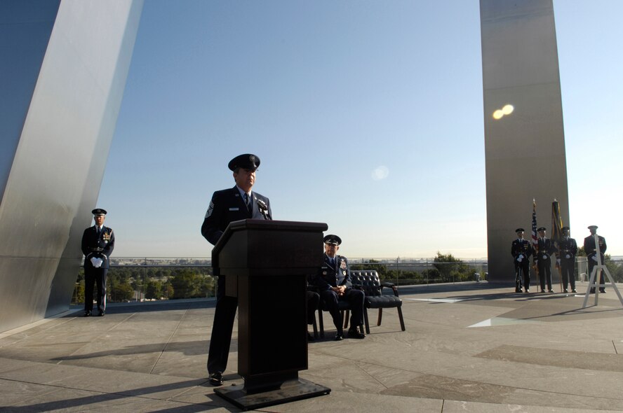 Chief Master Sgt. of the Air Force (CMSAF) Rodney J. McKinley speaks to Air Force members of the National Capitol Region before the Wreath Laying Ceremony in honor of this years’ 60th Anniversary of the Air Force Sept. 18, at the Air Force Memorial in Washington.  Throughout the year, many bases have held their own ceremonies to celebrate its birthday.  Also, hosting the event was Secretary of the Air Force Michael W. Wynne and Air Force Chief of Staff Gen. T. Michael Moseley. (U.S. Air Force photo by Senior Airman Rusti Caraker)(Released)