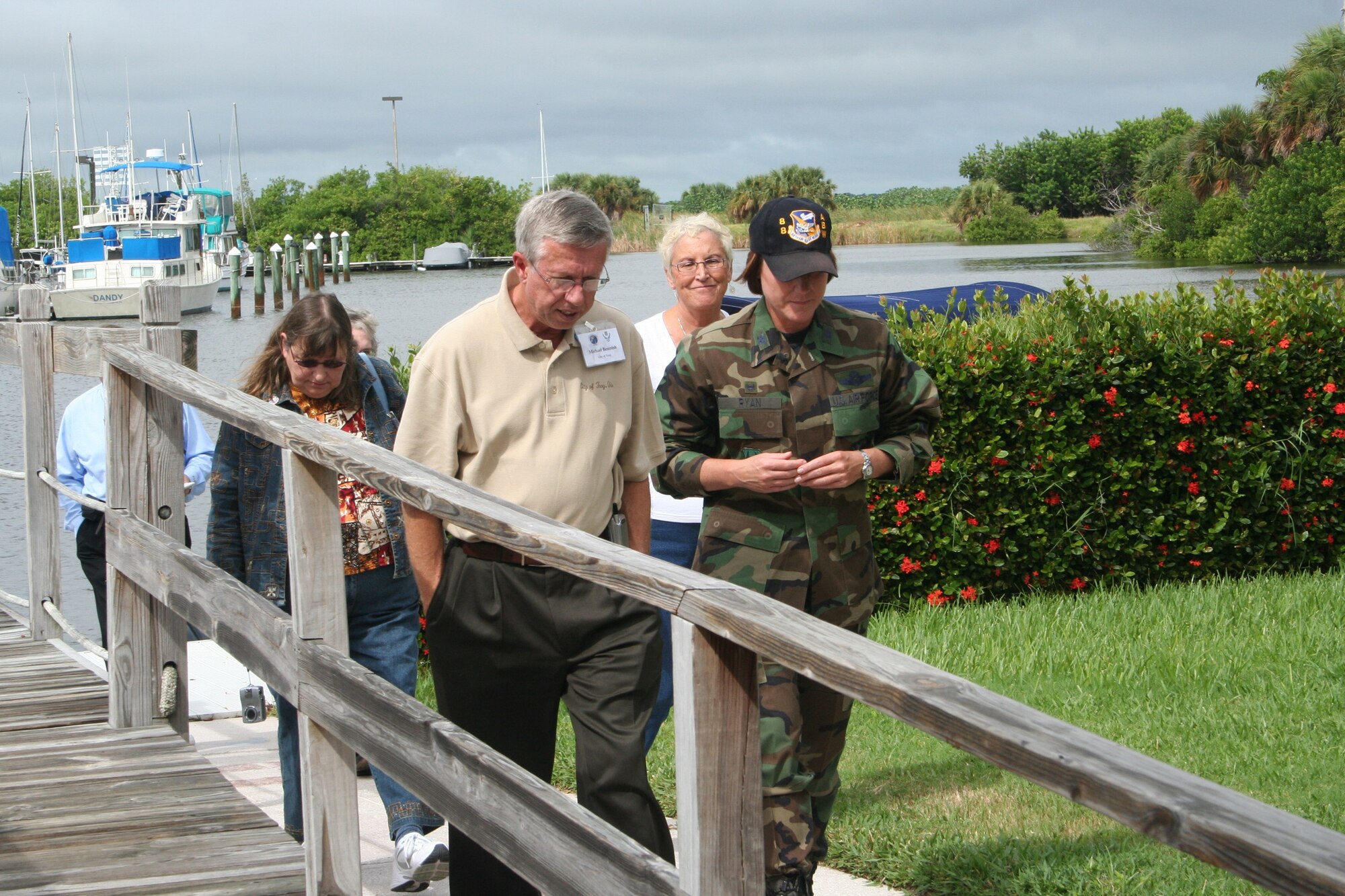 PATRICK AFB, Fla. - Col. Colleen Ryan, 88th Air Base Wing Commander, talks with Wright-Patterson AFB Civic Leader Michael Beamish at the Patrick AFB, Fla. Marina.  The 445th Airlift Wing and the 88th Air Base Wing hosted the civic leaders on a C-5 Galaxy flight to Patrick AFB, Fla. to enhance community awareness of the total force mission. (U.S. Air Force photo/Laura Darden)    