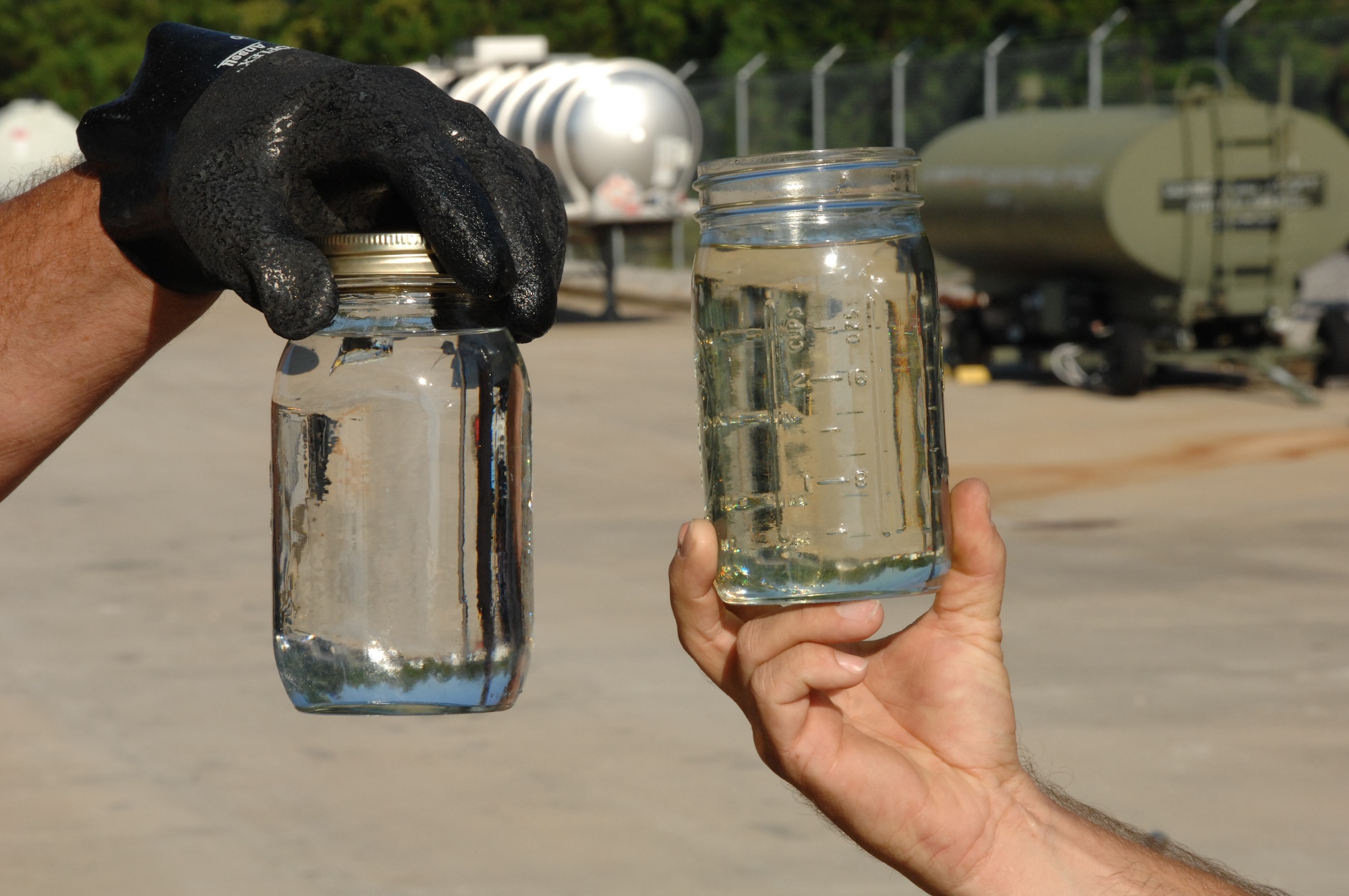 Here is a comparison of the new synthetic fuel Fischer-Tropsch fuel, left, and the traditional JP-8 fuel. (Photo by David Housch)