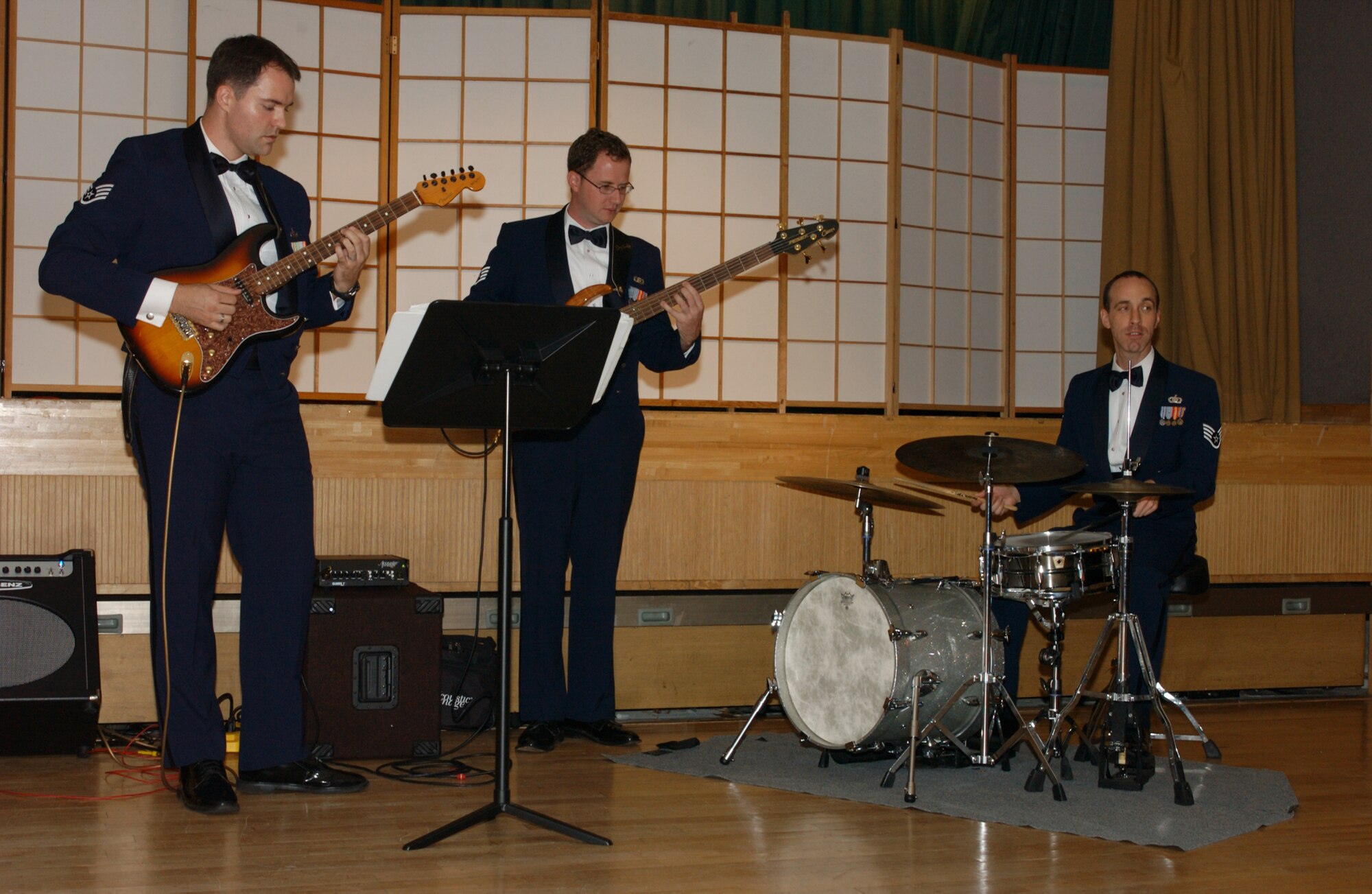 MISAWA AIR BASE, Japan -- Final Approach Combo, of the Air Force Band of the Pacific, performs as part of the 60th Air Force Ball on Misawa Air Base, Japan, Sept. 21. The Air Force Ball is held annually to celebrate the birthday of the United States Air Force. (US Air Force photo by Airman 1st Class Eric Harris)