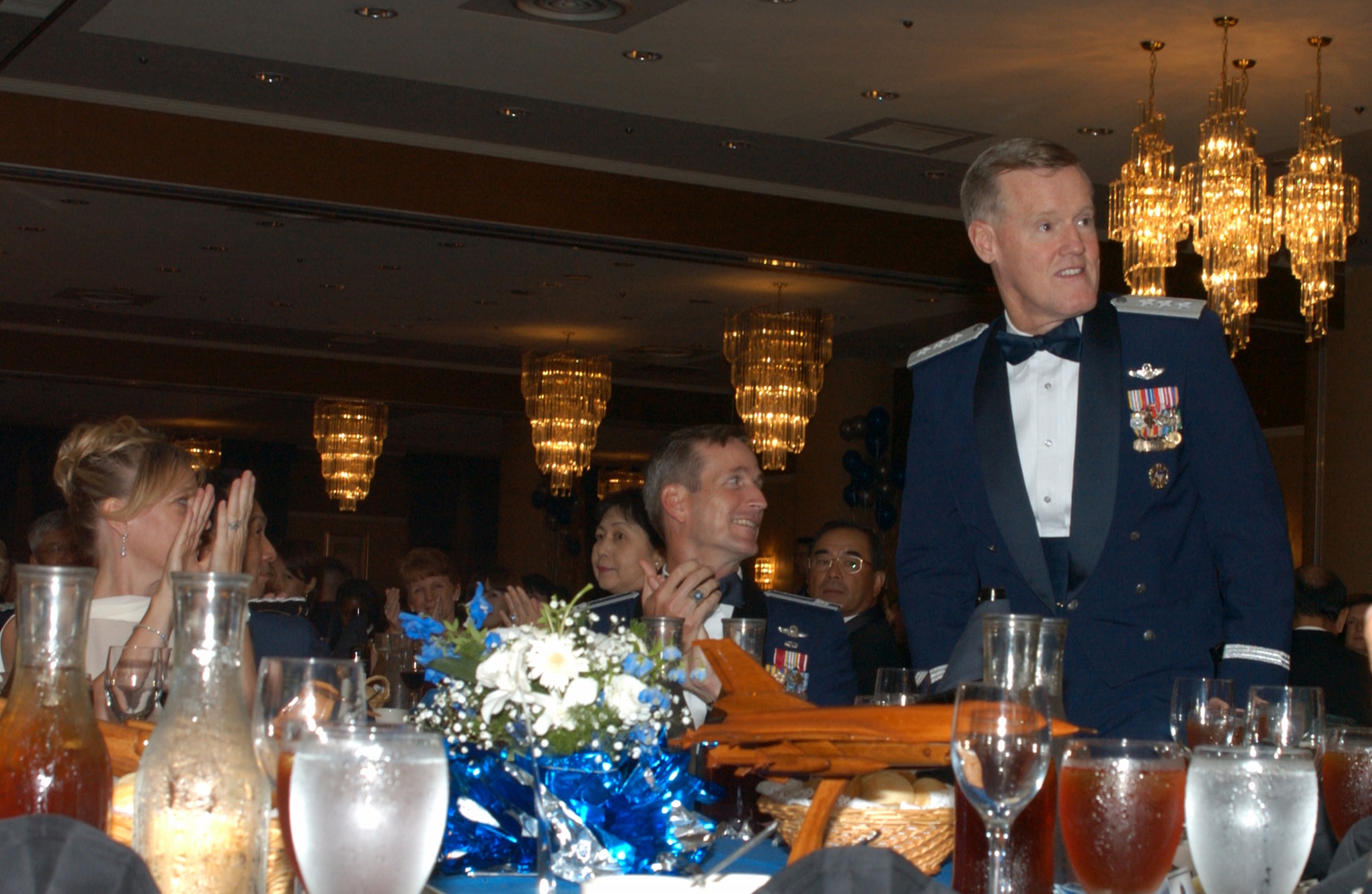 MISAWA AIR BASE, Japan -- Lieutenant General Bruce Wright, 5th Air Force and U.S. Forces Japan commander, is introduced as the guest speaker at the 60th Air Force Ball on Misawa Air Base, Japan, Sept. 21. The Air Force Ball is held annually to celebrate the birthday of the United States Air Force. (US Air Force photo by Airman 1st Class Eric Harris)