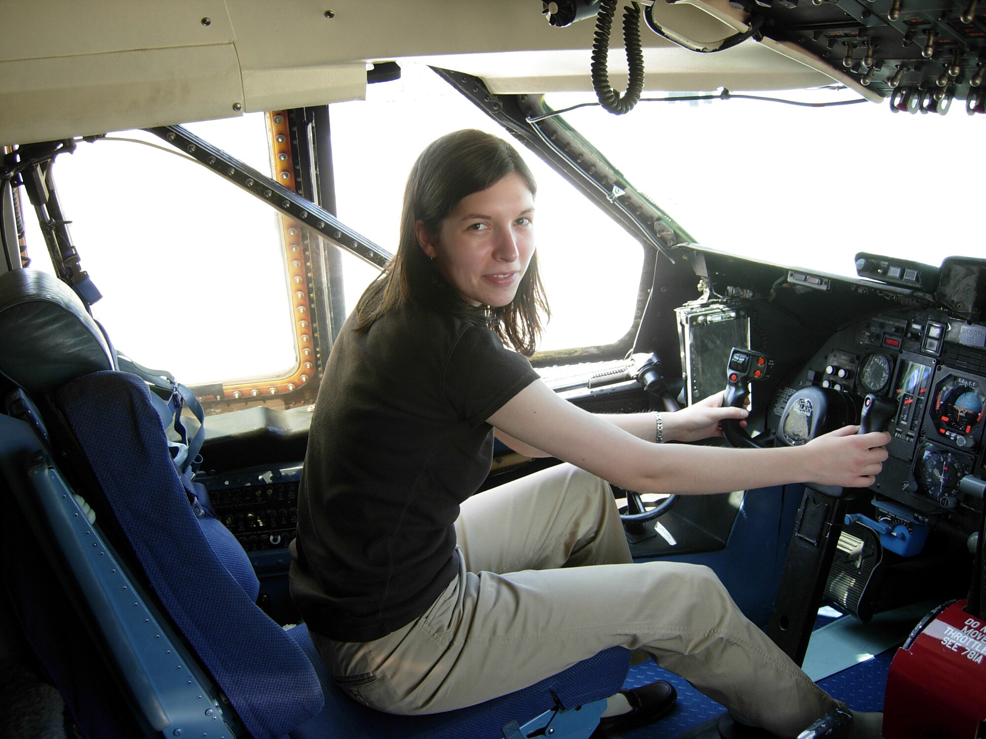 Wright Scholar Sarah Haines sits at the controls of a C-5 Galaxy. Courtesy photo.
