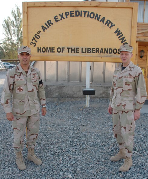 Col. John Murphy (right), Combined Air Operations Center Director of Staff at Al Udied Air Base, Qatar, visits with Col. Don Berchoff, 376th Expeditionary Mission Support Group Commander at Manas Air Base, Kyrgyz Republic.  Colonel Murphy accompanied Maj. Gen. Maury Forsyth, Deputy Combined Forces Air Component Commander at Manas AB, as part of an AOR familization tour. U.S. Air Force photo.