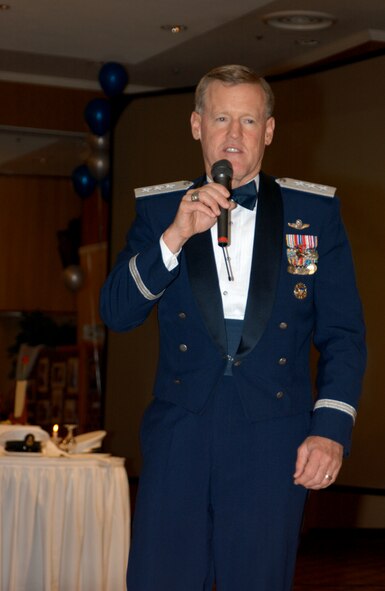 MISAWA AIR BASE JAPAN -- Lt. Gen. Bruce Wright, 5th Air Force commander, speaks to attendees of the 60th Air Force Ball here Sept. 21. General Wright attended the Air Force ball as the guest speaker, to help celebrate 60 years of the United States Air Force. (US Air Force photo by Airman 1st Class Eric Harris)