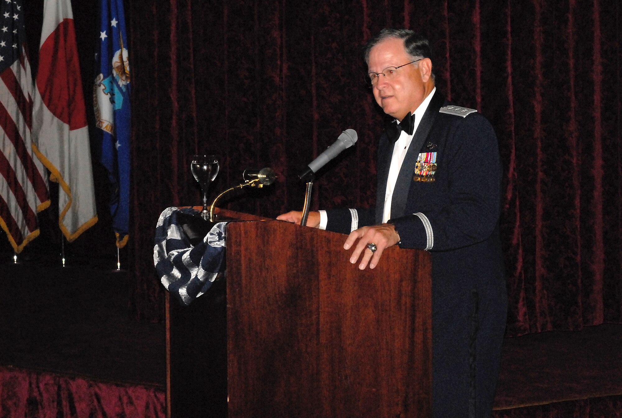 Lt. Gen. (ret.) Steven R. Polk speaks during the Air Force's 60th Anniversary Ball at Kadena Air Base, Japan, Sept. 22, 2007.  The evening consisted of toasts, video presentations, guest speakers, skits and live music.  More than 800 military members and their guests from all four services, the local community and Japanese Self Defense Force attended the annual event.  General Polk was the event's guest speaker and retired from the Air Force in 2006 as the Air Force Inspector General. (U.S. Air Force photo by Airman 1st Class Kelly Timney)