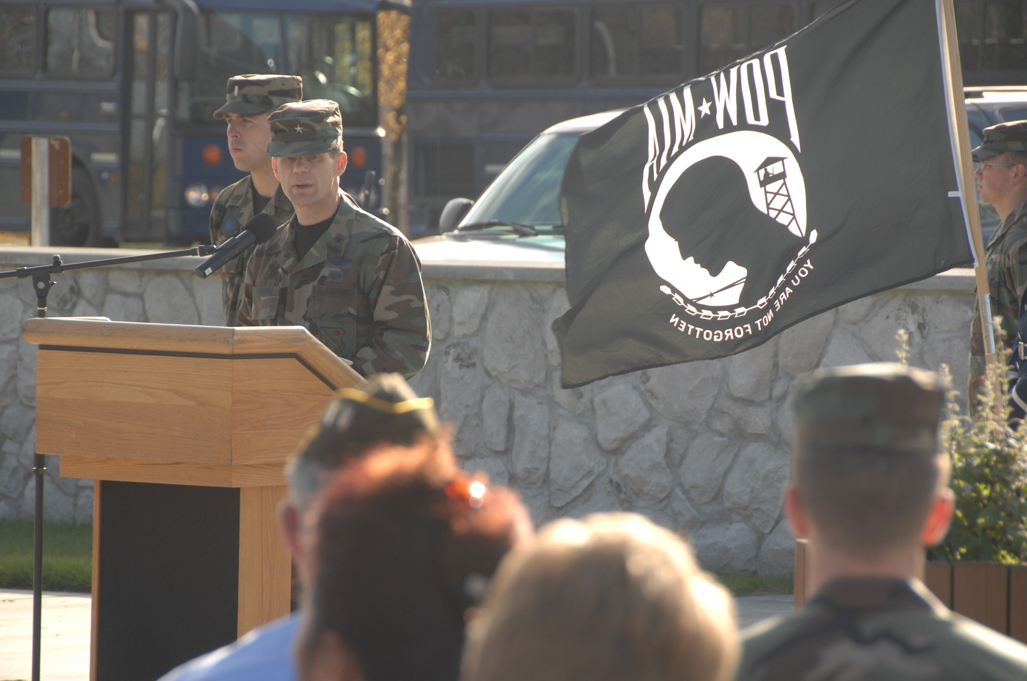 EIELSON AIR FORCE BASE, Alaska -  Brig. Gen. Mark Graper, 354th Fighter Wing commander, gives a speech at the Prisoner of War and Missing in Action (POW/MIA) Recognition Day retreat ceremony at Heritage Park on September 21, 2007. The ceremony was a base-wide function honoring all POW/MIA. Observances of National POW/MIA Recognition Day are held across the country on military installations, ships at sea, state capitols, schools and veterans' facilities. This observance is one of six days throughout the year that Congress has mandated the flying of the National League of Families' POW/MIA flag. (U.S. Air Force photo by Airman 1st Class Christopher Griffin)