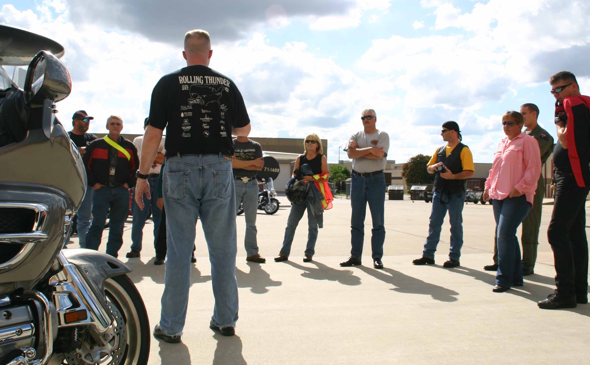 Master Sgt. Cary Beagle, security specialist representative for the 552nd Air Control Wing, briefs the Tinker Riders and Mentors club before hitting the road for a group ride. (Air Force photo by Capt. Dejon Redd)