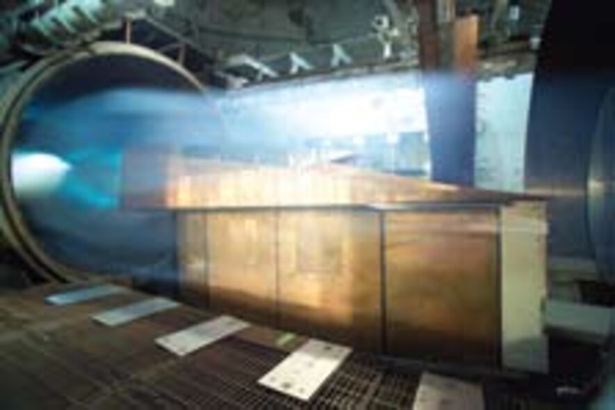 The SJX61-1 engine undergoes testing in the National Aeronautics and Space Administration Langley Research Center’s high-temperature tunnel.