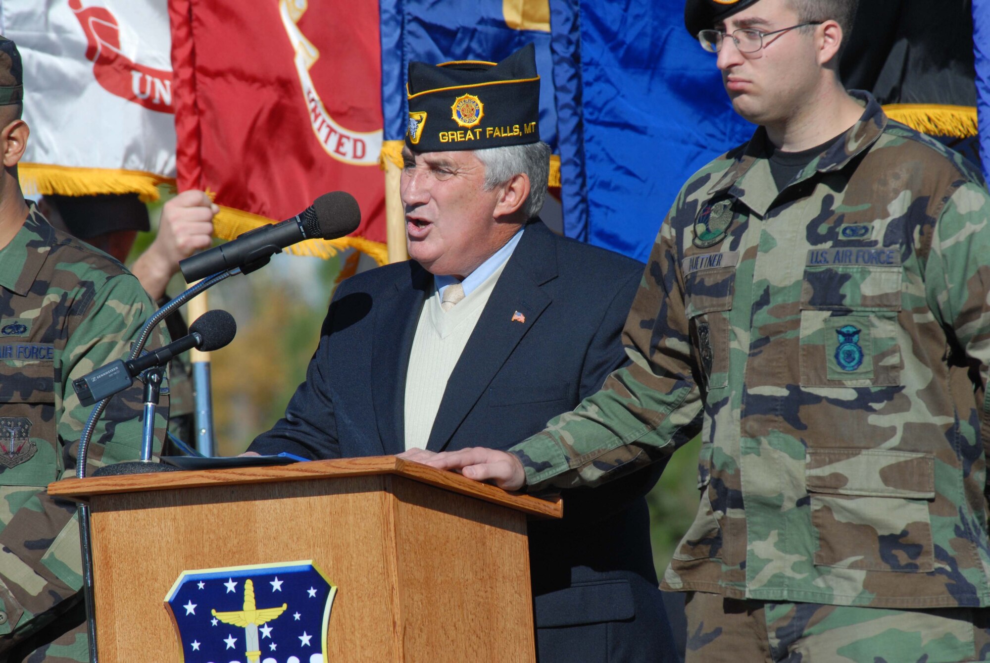 Guest speaker Michael Winters, founder of the Montana Veterans Memorial,  addresses the audience at the annual POW/MIA Remembrance Ceremony Sept. 21 at Medal of Honor Park. (U.S. Air Force photo/John Turner)