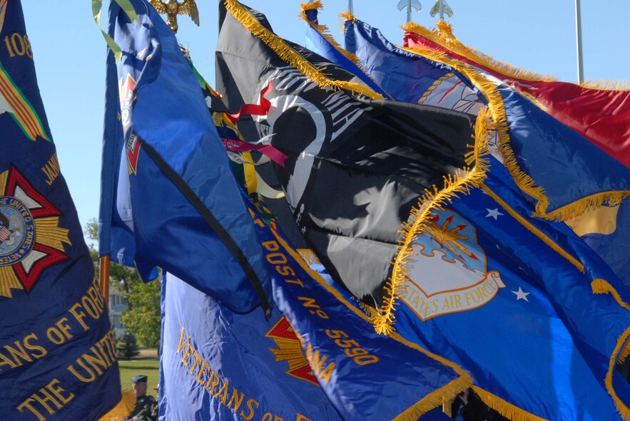 Veteran's flags along with the POW/MIA flag and 341st Space Wing flag flutter in the wind at Medal of Honor Park Sept. 21 during a POW/MIA Remembrance Ceremony. (U.S. Air Force photo/John Turner)