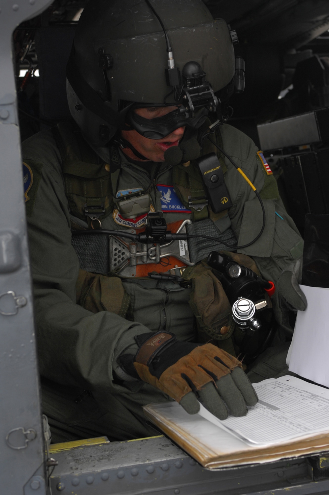 Master Sgt. John Buckler, 41st Rescue Squadron flight engineer, verifies the  maintenance forms on an HH-60G Pave Hawk as he prepares for a civil search and rescue mission Sept. 20.  Three Moody aircraft supported the rescue mission in the Gulf of Mexico, rescuing one individual. (U.S. Air Force photo by Senior Airman Angelita M. Lawrence) 
