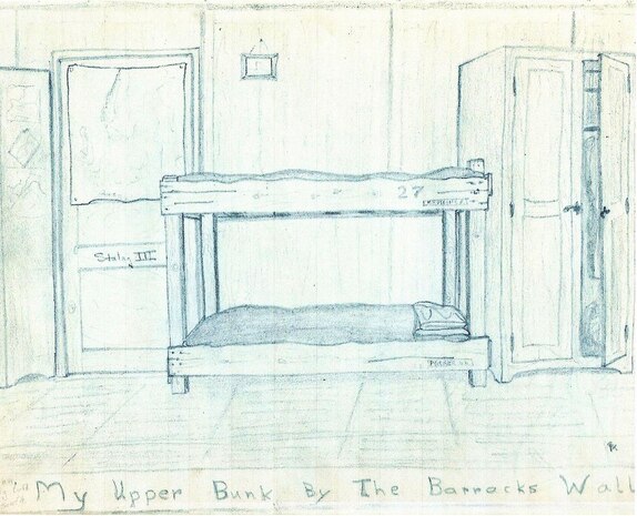 A page from Carroll Knutson's wartime log he filled in while in a POW camp during World War Two. This is a sketch he made of his upper bunk by the barrack's wall in Stalag III.