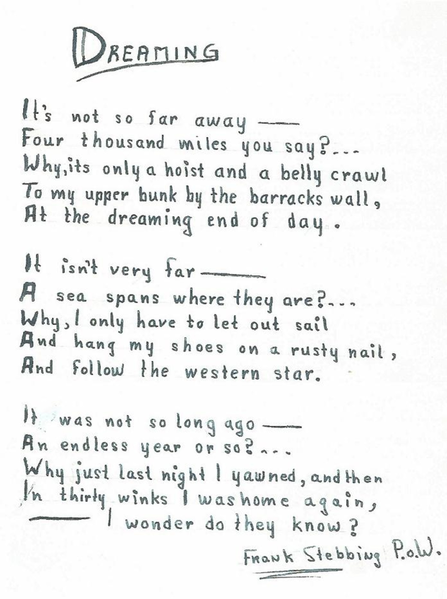 A page from Carroll Knutson's wartime log he filled in while in a POW camp during World War Two.