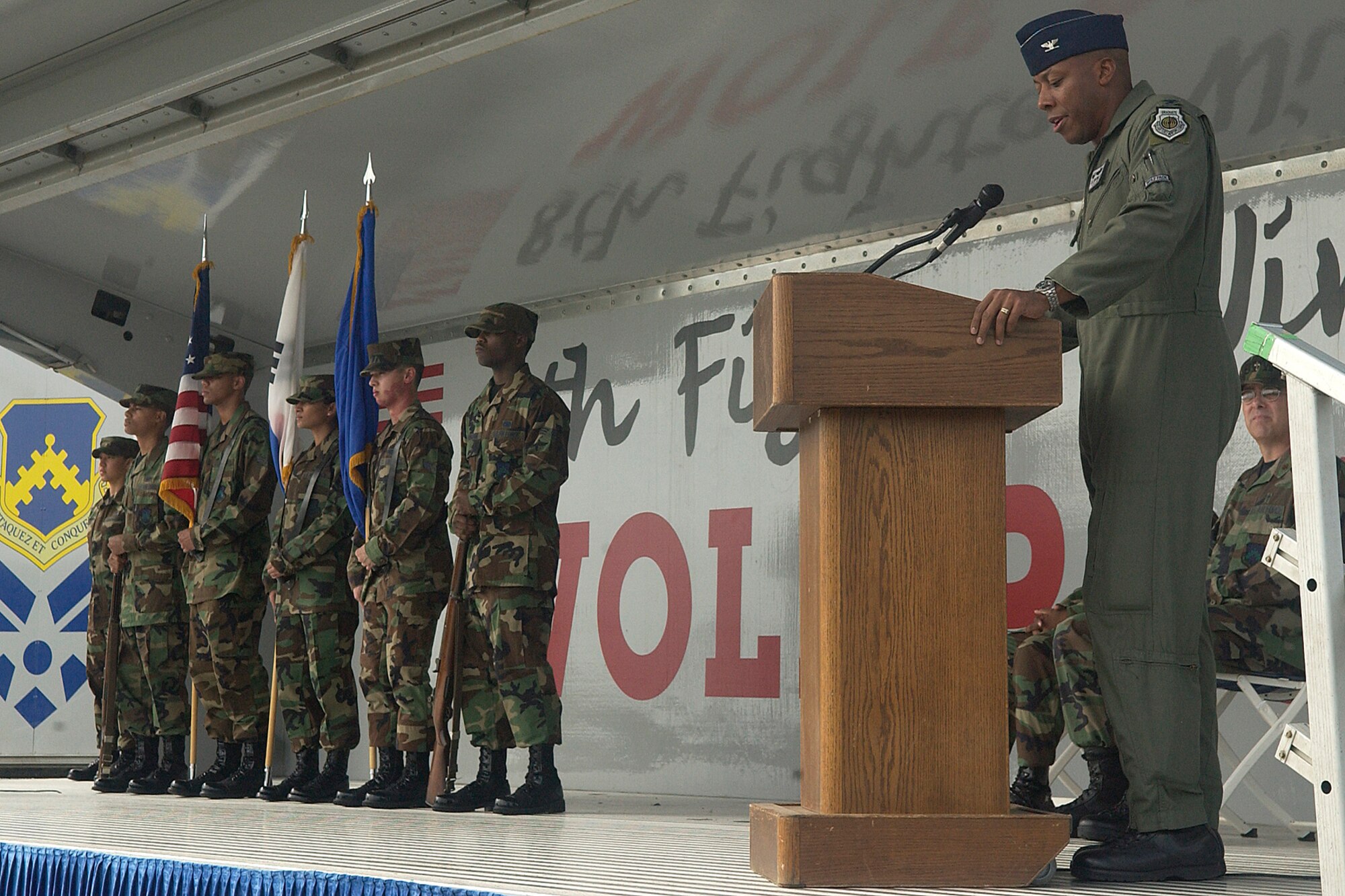 KUNSAN AIR BASE, South Korea – Colonel CQ “Wolf” Brown, 8th Fighter Wing commander, gives the opening speech during a POW/MIA ceremony here Sept. 21. The purpose of the ceremony is to remember the Prisoners of War and military personnel who are missing in action because they are never meant to be forgotten. (U.S. Air Force photo/Senior Airman Giang Nguyen)

