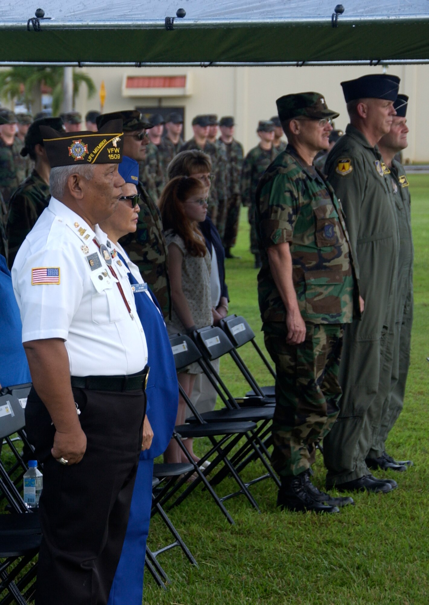 Former Commander of Veteran's of Foreign Wars post 1509 attend Andersen's POW/MIA retreat ceremony. Andersen honors the fallen Prisoners Of War and those still "Missing In Action" with their annual remembrance ceremony. (U.S. Air Force photo/Tech. Sgt. Michael Boquette)