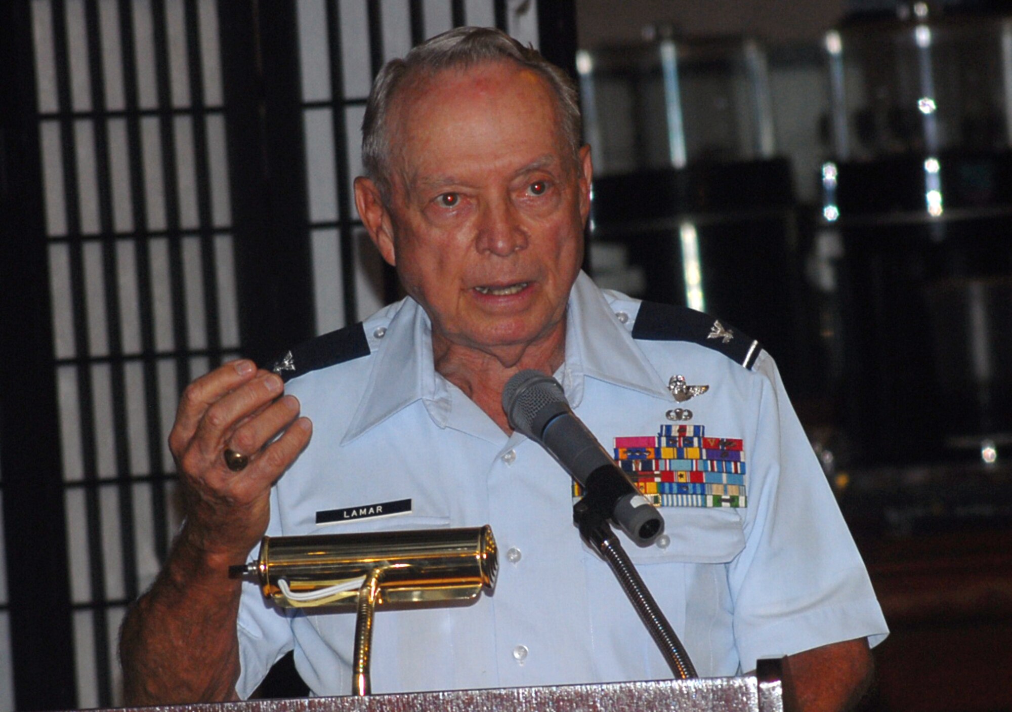 Retired Air Force Col. James L. Lamar speaks to Kadena members about the ideal of being an American during the POW/MIA ceremony at the Rocker NCO club on Sept. 21, Kadena AB, Japan.  (U.S. Air Force photo by Senior Airman Darnell Cannady)

