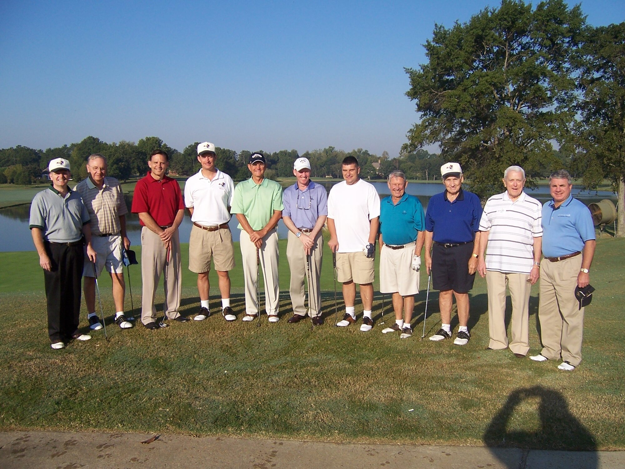 Eight former senior leaders from Columbus AFB enjoyed a day of golf at Old Waverly Golf Course Thursday, followed by lunch. Accompanying the senior leaders were Col. Jeff Dunn, 14th Flying Training Wing vice commander, far left, Col. Dave Gerber, 14th FTW commander, fourth in from the left, and Chief Master Sgt. Ron Bowlan, 14th FTW Command Chief Master Sergeant, fifth in from the right. (U.S. Air Force photo)