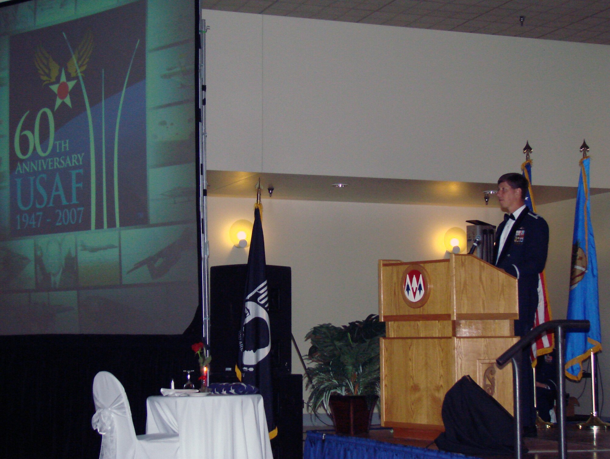 Col. Richard Klumpp, Jr., 71st Flying Training Wing commander speaks to more than 390 attendees during the Air Force 60th birthday celebration Saturday night at Cherokee Strip Conference Center. Attendees were treated to rousing tributes to the Air Force and Oklahoma, dining and dancing and a guest speech by Maj. Gen Irv Halter, 19th Air Force commander. (Air Force photo by Capt. Tony Wickman)