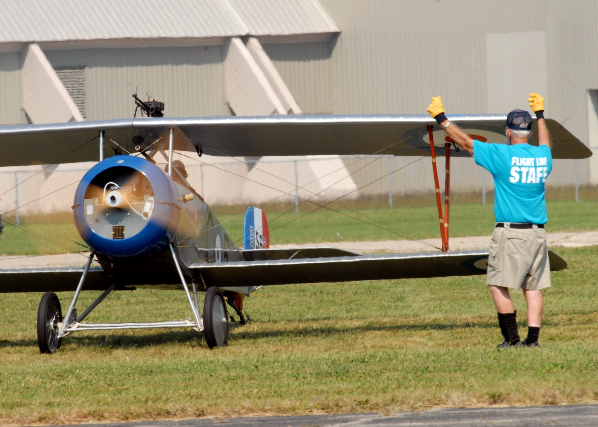An aircraft taxis to park after competing in a "flour bomb" target competition Sept. 22 at the Dawn Patrol Rendezvous World War I Fly-In on the grounds of the National Museum of the United States Air Force in Dayton, Ohio. Activities included period re-enactors in a war encampment setting, era automobiles on display and participating in a parade, flying exhibitions by WWI radio-controlled aircraft, and a collector's show for WWI items.  (U.S. Air Force photo/Staff Sgt Joshua Strang)