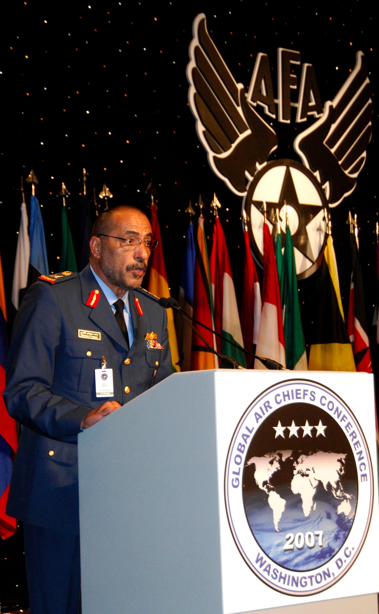 United Arab Emirates Maj. Gen. Staff Pilot Mohammad Al Qamzi addresses attendees during the Global Air Chiefs Forum Sept. 24, a session during the Global Air Chiefs Conference in Washington D.C. More than 90 air force chiefs of staff from around the globe attended the conference hosted by the U.S. Air Force.  (U.S. Air Force photo/Mike Paussic)