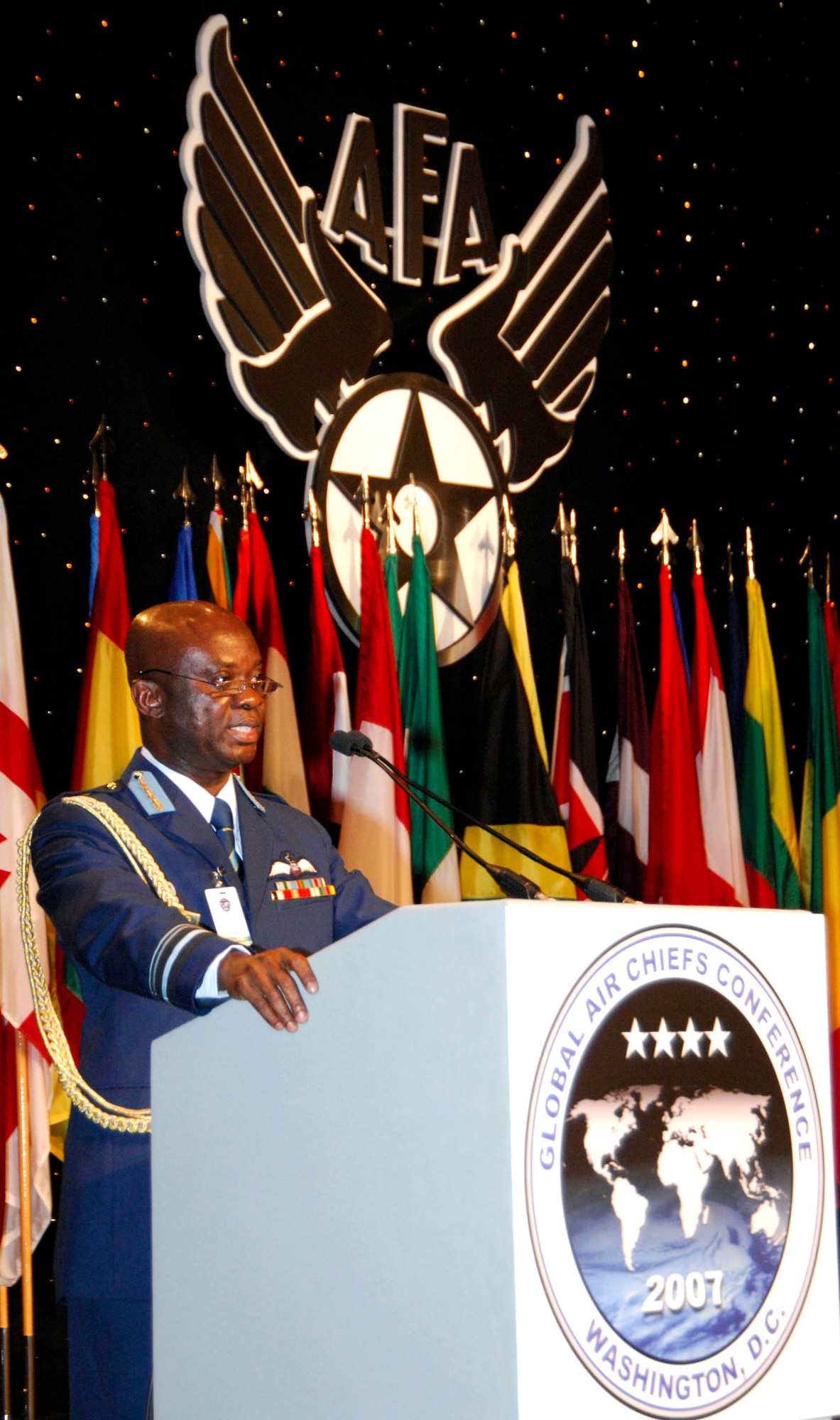 Ghana Vice Air Chief Marshall Julius O. Boateng addresses attendees Sept. 24 during the Global Air Chiefs Forum, a session during the Global Air Chiefs Conference in Washington, D.C. More than 90 air force chiefs of staff from around the globe attended the conference hosted by the U.S. Air Force.  (U.S. Air Force photo/Mike Paussic) 