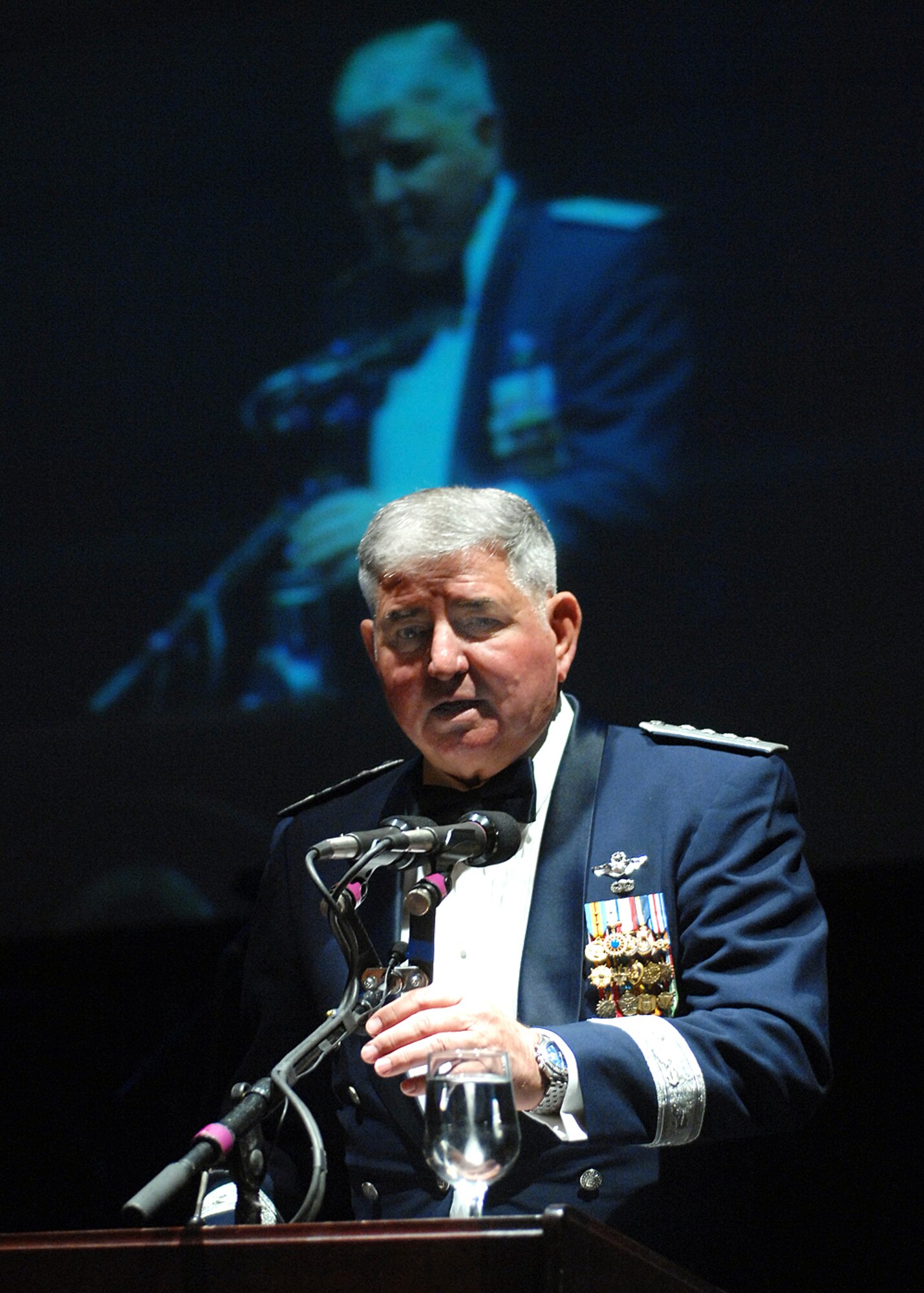 Former Air Force Chief of Staff, retired Gen. Ronald Fogleman, gives a moving keynote address how proud he is of the Air Force at the New Mexico Air Force Bases 60th Celebration in Sandia Resort, Sept. 14. U.S. Air Force photo by Todd Berenger.