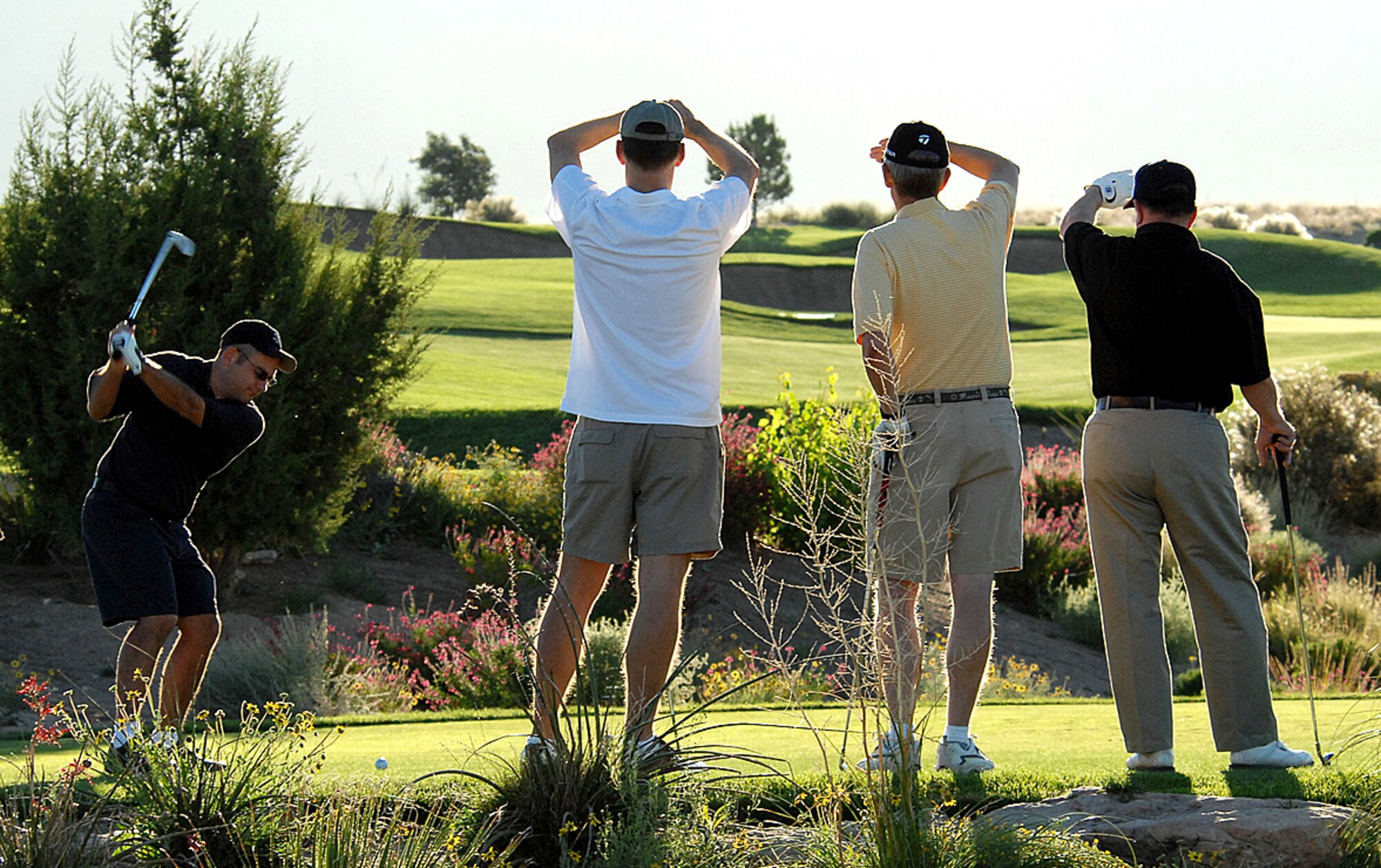 Goflers tat the New Mexico Air Force Bases 60th Anniversary Celebration golf tournament watch a member of their foursome hit his shot at the Sandia Golf Club, Sept. 14.