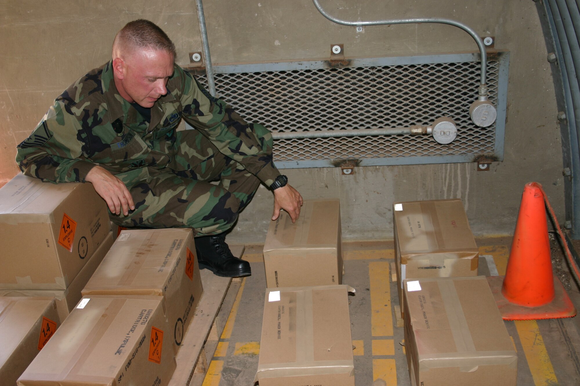 Master Sgt. James Thompson, 27th Equipment Maintenance Squadron, conducts a 100 percent munitions inventory at the "ammo dump." The inventory is done annually or anytime there is a switch in the Munitions Accountable Systems Officer, or MASO. (U.S. Air Force photo by Airman Elliott Sprehe)