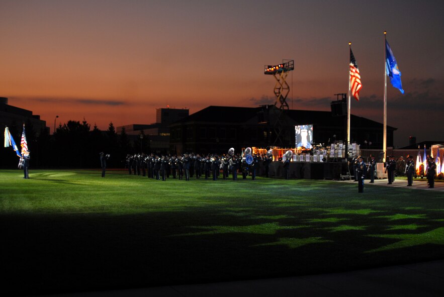 BOLLING AFB, D.C. -- Airmen from the Air Force Honor Guard and Air Force Bandstand ready in formation at the 60th Anniversary Air Force Tattoo dress rehearsal Sept. 22.
The military tattoo, which is held annually at Bolling, highlights troop excellence and readiness.  The tattoo dates back to the mid-17th century British Army deployment to the Netherlands in which drummers were sent from the garrison to the towns at 9:30 each night to let soldiers know it was time to return to the fort.
(U.S. Air Force photo by Staff Sgt. Madelyn Waychoff)