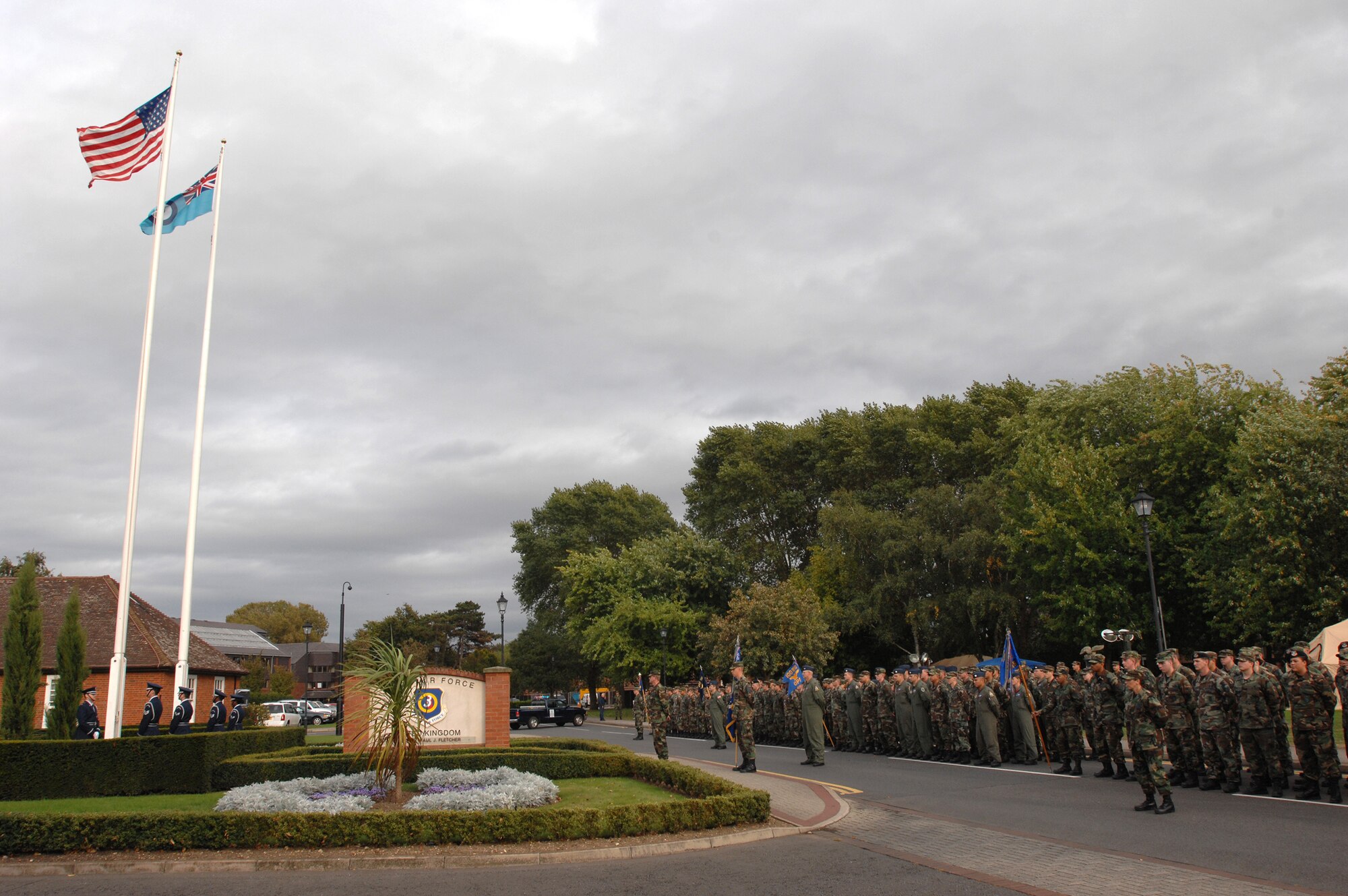 The RAF Mildenhall retreat ceremony wraps up a week of events to honor those military members either captured of lost in wars past, during the annual Prisoner of War/Missing in Action week of remembrance, Sept. 21, 2007.
(U.S. Air Force Photo by Tech. Sgt. Tracy L. DeMarco)
