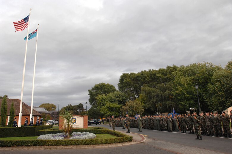 The RAF Mildenhall retreat ceremony wraps up a week of events to honor those military members either captured of lost in wars past, during the annual Prisoner of War/Missing in Action week of remembrance, Sept. 21, 2007.
(U.S. Air Force Photo by Tech. Sgt. Tracy L. DeMarco)
