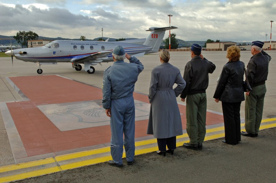 (From right) Lt Gen. Rod Bishop, 3rd Air Force commander and his wife Mary, Brig. Gen. Richard Johnston, 86th Airlift Wing commander and his wifeTerry, and Lt Col. Vasil Lazarov, Bulgarian Senior National Representative, welcome Lt. Gen. Simeon Simeonov, Chief of Staff, Bulgarian Air Force, to Ramstein Air Base, Germany, Sept. 18. Members of the Bulgarian Air Force visited Ramstein to gain an understanding of U.S. Air Force operations. (U.S. Air Force photo/Airman 1st Class Marc I. Lane)

