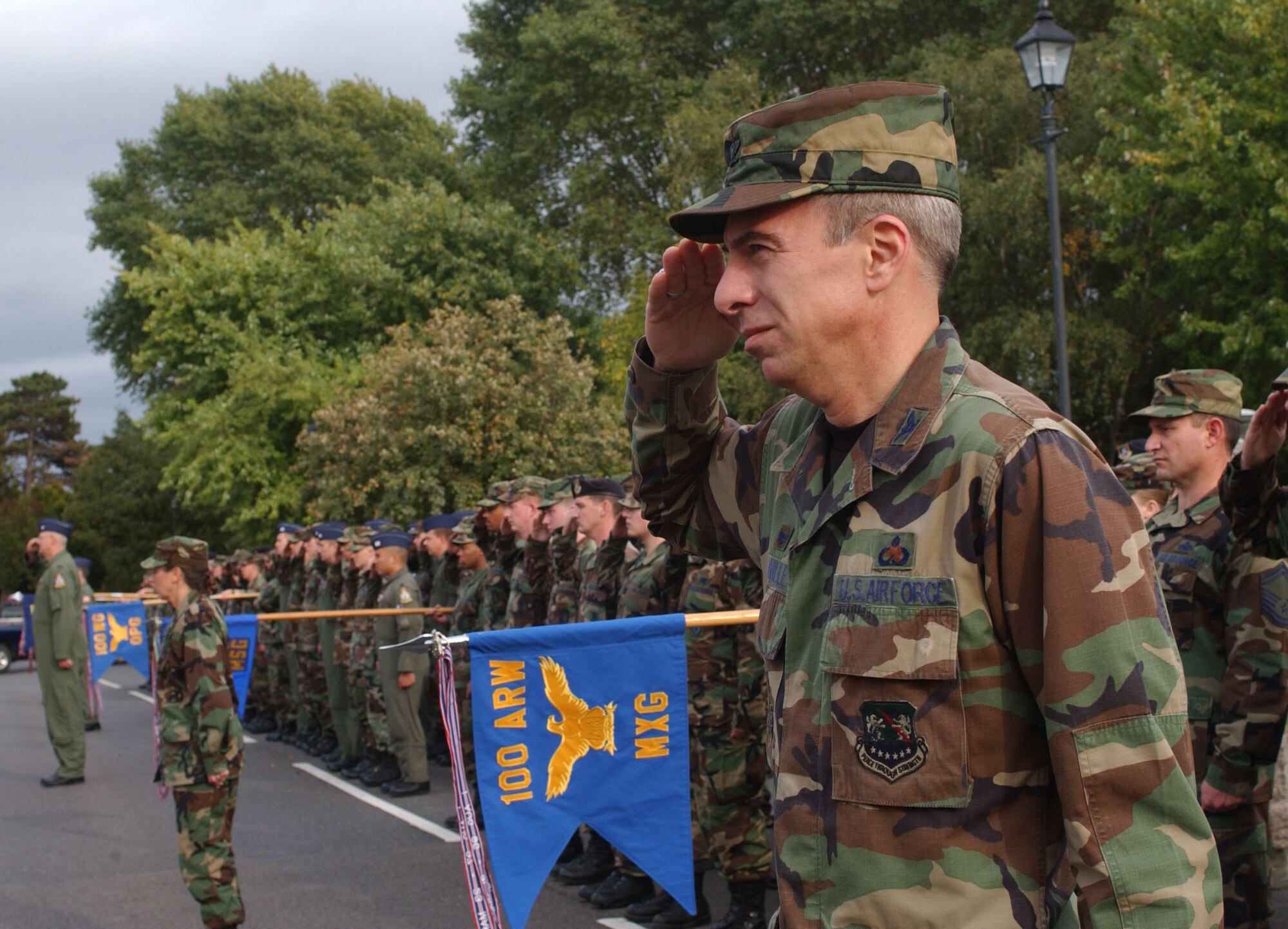 Col. Michael Saville, 100th  Maintenance Group commander, leads his Airmen during the POW/MIA Retreat ceremony at RAF Mildenhall Sept. 21, 2007. (U.S Air Force Photo by Brad Smith)                               