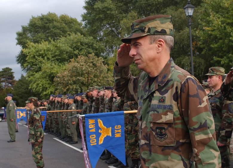 Col. Michael Saville, 100th  Maintenance Group commander, leads his Airmen during the POW/MIA Retreat ceremony at RAF Mildenhall Sept. 21, 2007. (U.S Air Force Photo by Brad Smith)                               
