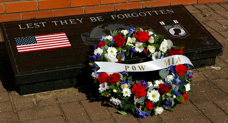 This wreath, donated by the Air Force Sergeants Association, was laid at Memorial Park, RAF Lakenheath, to remember Prisoners of War and those Missing in Action. As part of the week's events, 20 motorcyclists from RAFs Mildenhall and Lakenheath rode from one base to the other. (U.S. Air Force photo by Karen Abeyasekere)