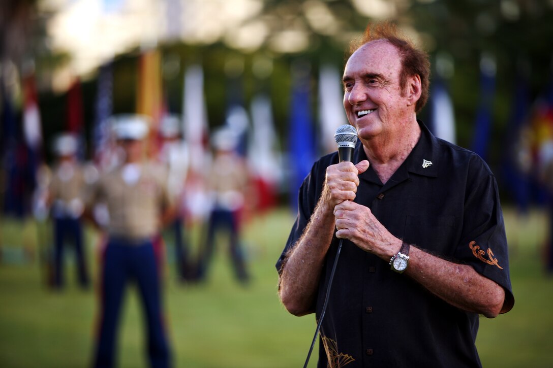 HONOLULU -- Jim Nabors gives his remarks after being promoted to Honorary Corporal at a sunset promotion at Fort DeRussy Waikiki, Hawaii Sept. 25 on the 43rd anniversary of his TV show's debut, "Gomer Pyle U.S.M.C."  (Official USMC Photo by Cpl. R. Drew Hendricks)